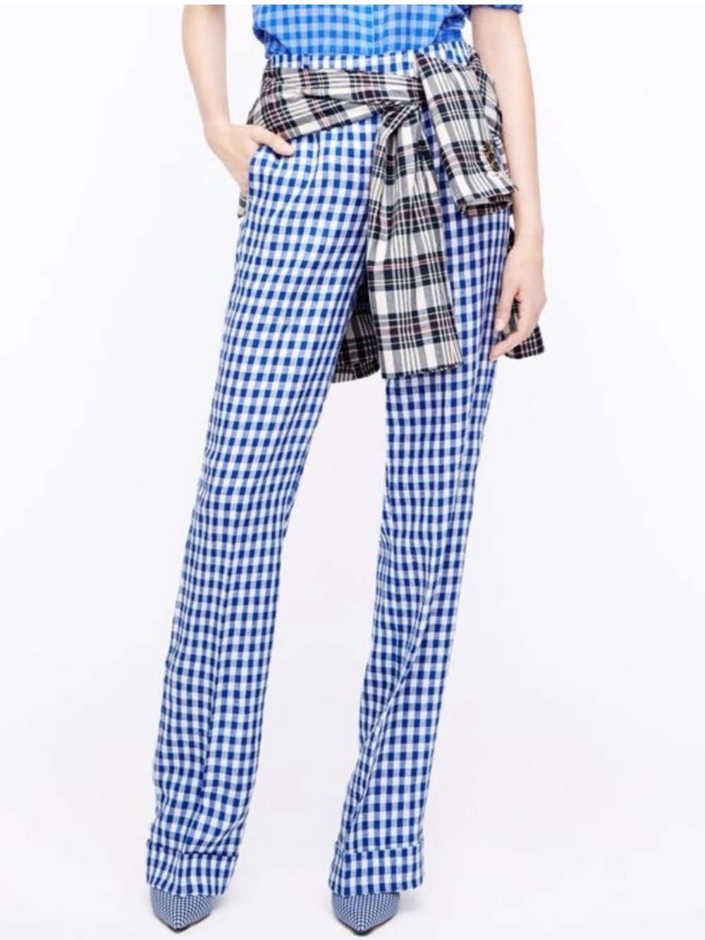 J. Crew Blue And White Linen Gingham Pants Trousers Slacks Size 00 - Picture 2 of 16